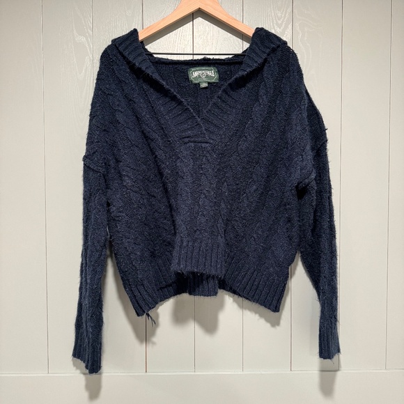 American Eagle Cropped Oversized Hooded Knit Pullover Sweater Blue - Size S - Picture 1 of 5
